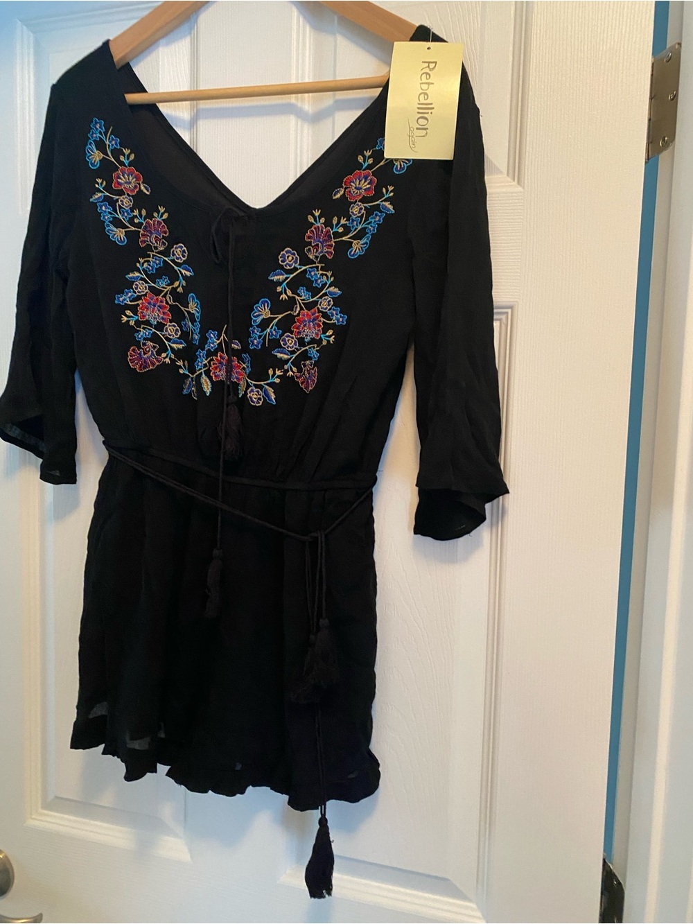 Rebellion Black Tunic with Blue and Pink Floral Embroidery